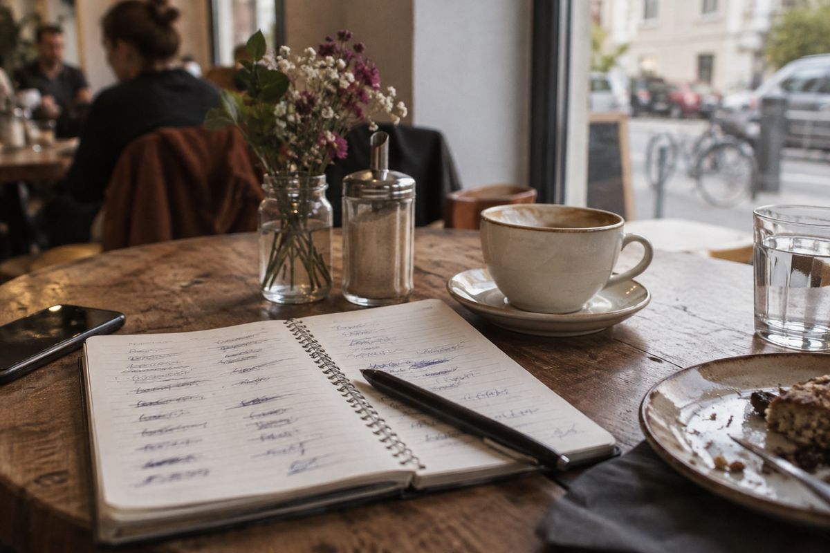 Ein aufgeschlagenes Spiralnotizbuch auf einem Caféhaustisch; die Seiten sind voller handgeschriebener, durchgestrichener Wörter. Daneben stehen eine Kaffeetasse und ein kleiner Blumenstrauß.