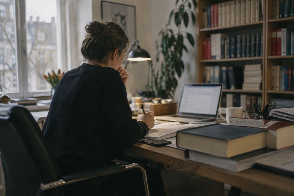 Eine Frau sitzt in einem Arbeitszimmer an einem Schreibtisch und schreibt mit einem Stift in ein Heft; vor ihr liegen ein Laptop und ein Stapel dicker Bücher, dahinter stehen Bücherregale.
